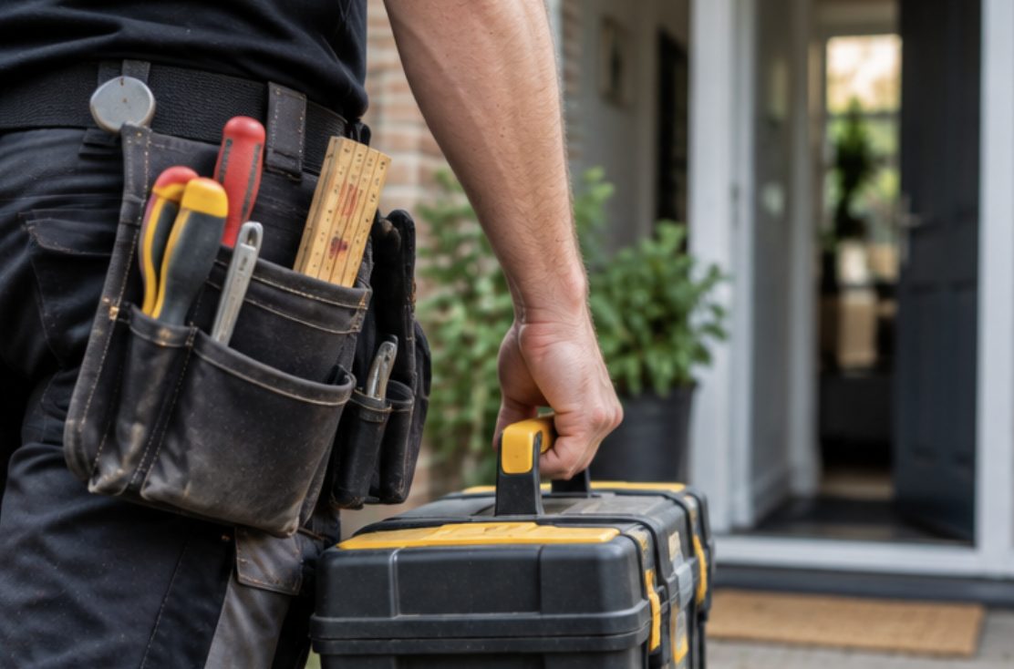 Klusser met gereedschapsriem en koffer staat voor de voordeur van een klant