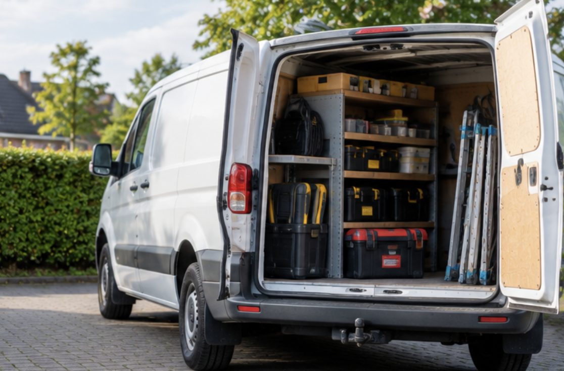 Ingerichte bestelbus van een klusser met open achterdeuren